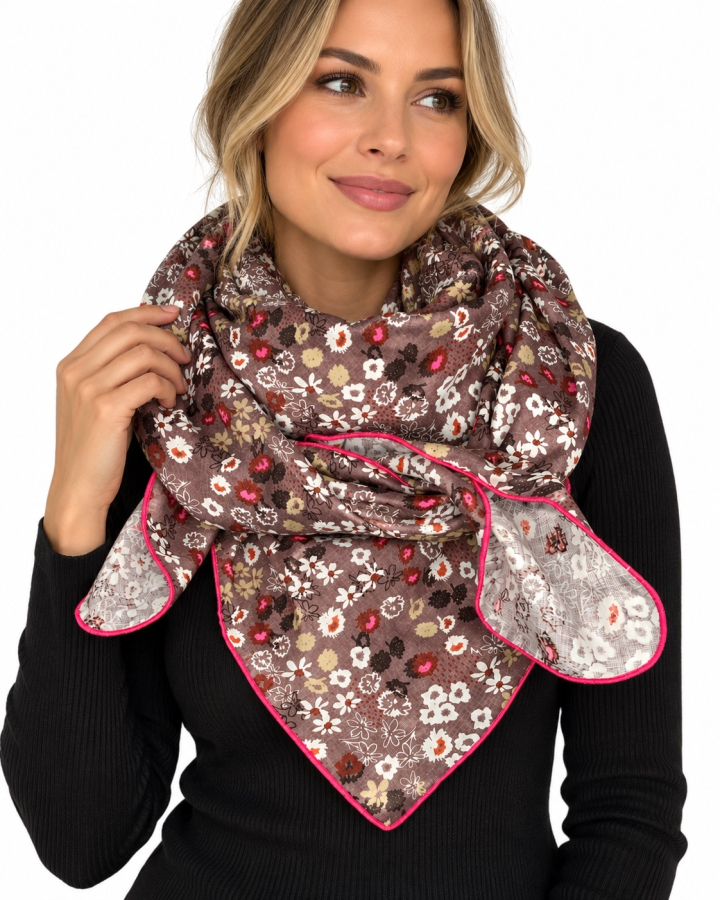 Preview: Musselin-Schal Damen Dunkelbraun mit Blumen 140 × 140 cm von OBERMUTTI